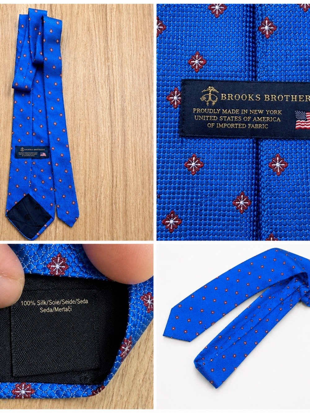 Brooks Brothers 100% Silk Tie Blue w/ Red Geometric Pattern Made in USA